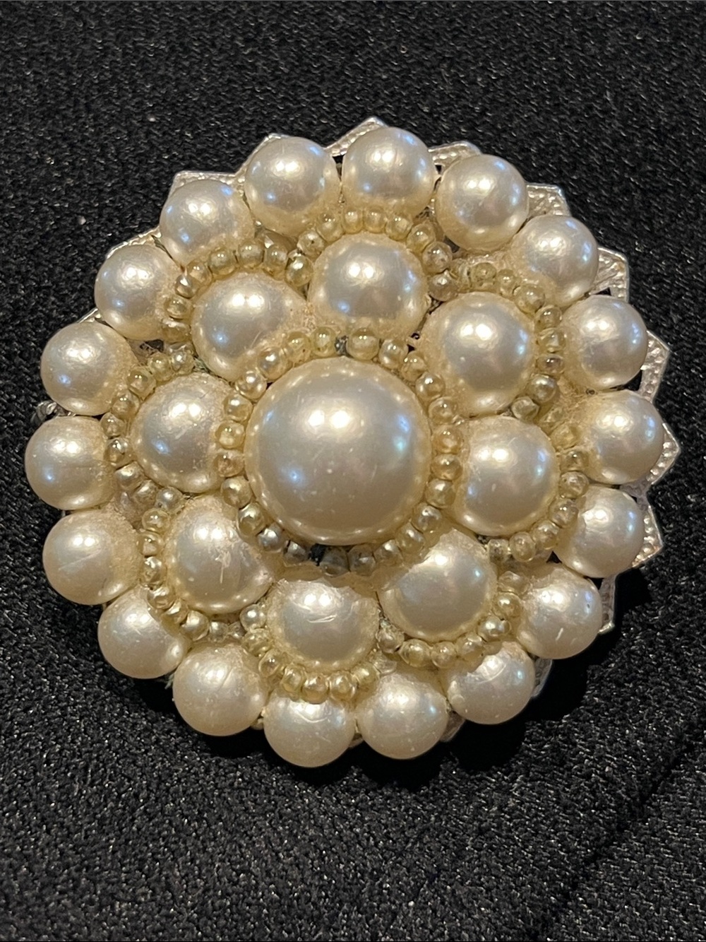 Vintage Faux Pearl Cluster Brooch Silver Tone Domed Statement Pin